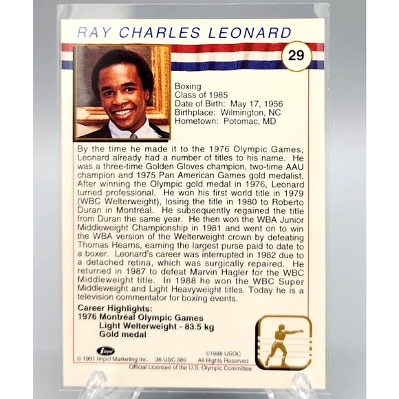 Sugar Ray Leonard Boxing US Olympics Cards Hall of Fame 1991 29 Impel Card - Picture 2 of 2